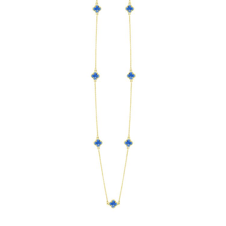 Κολιέ Λουλούδι Clover Crystal Μπλε Διπλής Όψης Από Ατσάλι Επιχρυσωμένο MI13683
