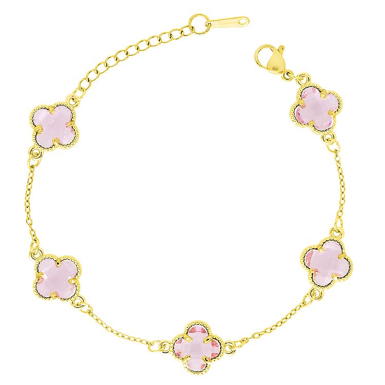 Βραχιόλι Λουλούδι Clover Crystal Διπλής Όψης Ροζ Από Ατσάλι Επιχρυσωμένο MI29690