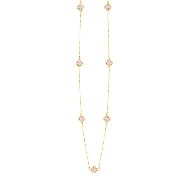 Κολιέ Λουλούδι Clover Crystal Ροζ Διπλής Όψης Από Ατσάλι Επιχρυσωμένο MI13688