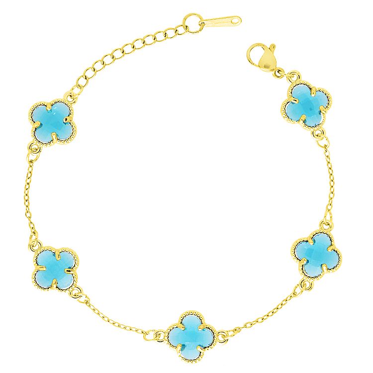 Βραχιόλι Λουλούδι Clover Crystal Διπλής Όψης Τιρκουαζ Από Ατσάλι Επιχρυσωμένο MI29686