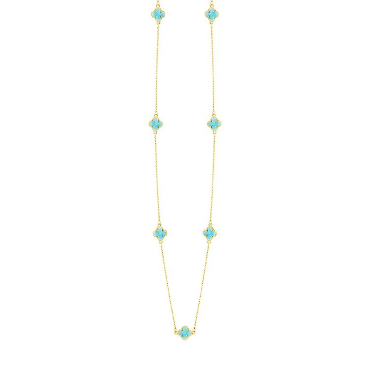 Κολιέ Λουλούδι Clover Crystal Τιρκουάζ Διπλής Όψης Από Ατσάλι Επιχρυσωμένο MI13684