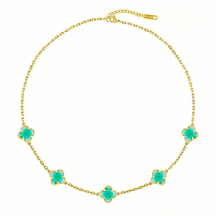 Κολιέ Λουλούδι Clover Crystal Πράσινο Διπλής Όψης Από Ατσάλι Επιχρυσωμένο MI11943