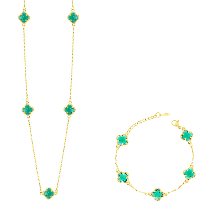Σετ Λουλούδι Clover Crystal Διπλής Όψης Πράσινο Από Ατσάλι Επιχρυσωμένο MI13692