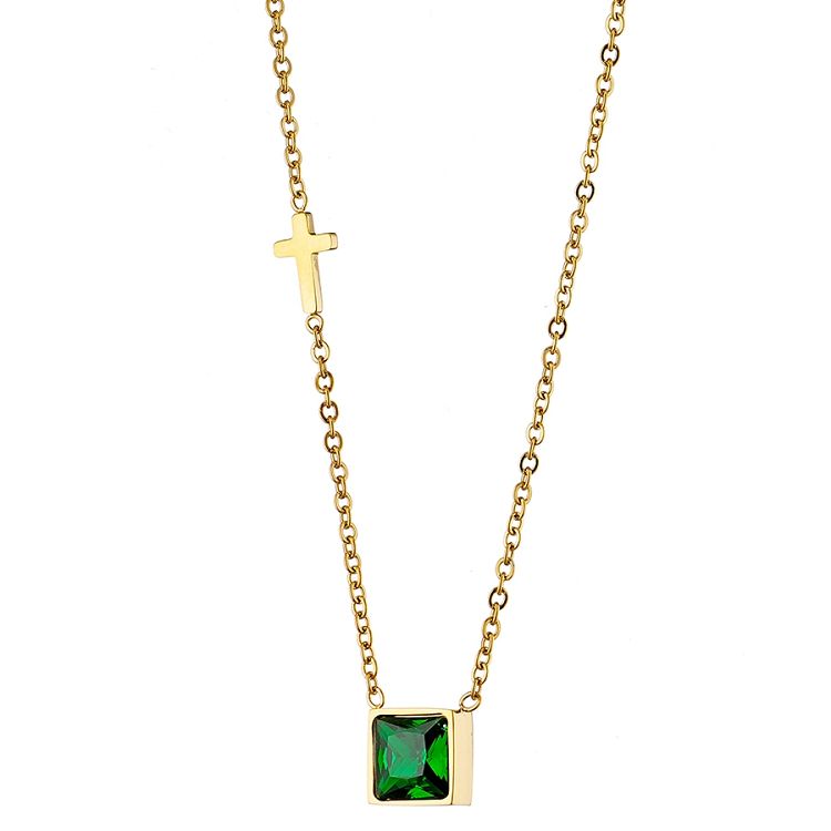 Κολιέ Από Ατσάλι Επιχρυσωμένο Με Ζιργκόν Πράσινο Και Σταυρό AS12170