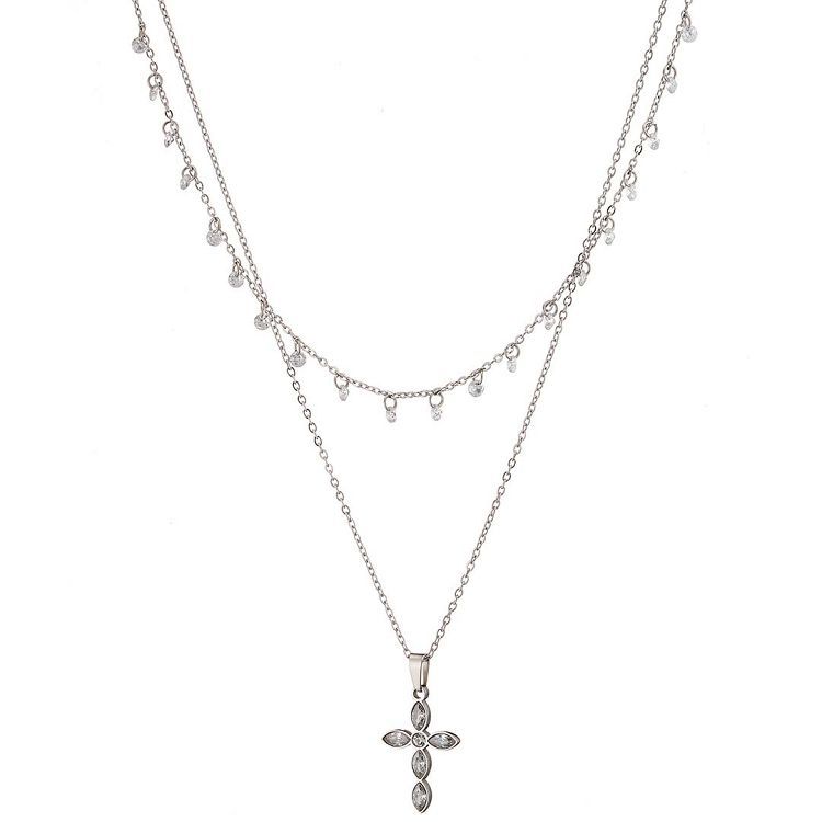 Διπλό Κολίε Από Ατσάλι Με Ζιργκόν Και Σταυρό Λευκό AS12745