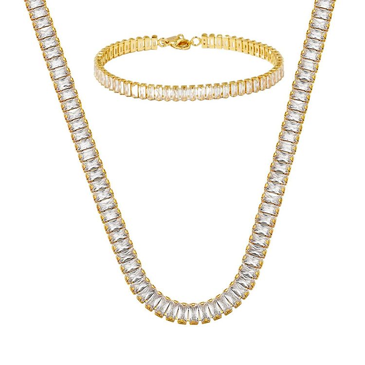 Σετ Κολιέ Ριβιέρα Choker Και Βραχιόλι Από Ανοξείδωτο Ατσάλι Επιχρυσωμένο 24Κ Με Ορθογώνια Ζιργκόν MI15228