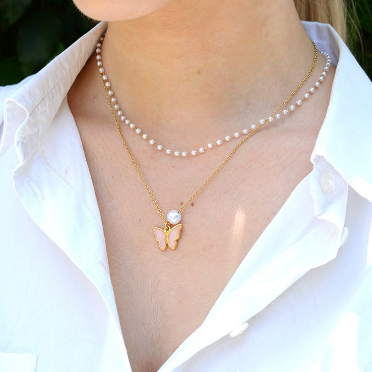 Κολιέ Από Ανοξείδωτο Ατσάλι Και Ορείχαλκo Επιχρυσωμένο 24Κ Με Πεταλούδα Και Μαργαριτάρι AA15358