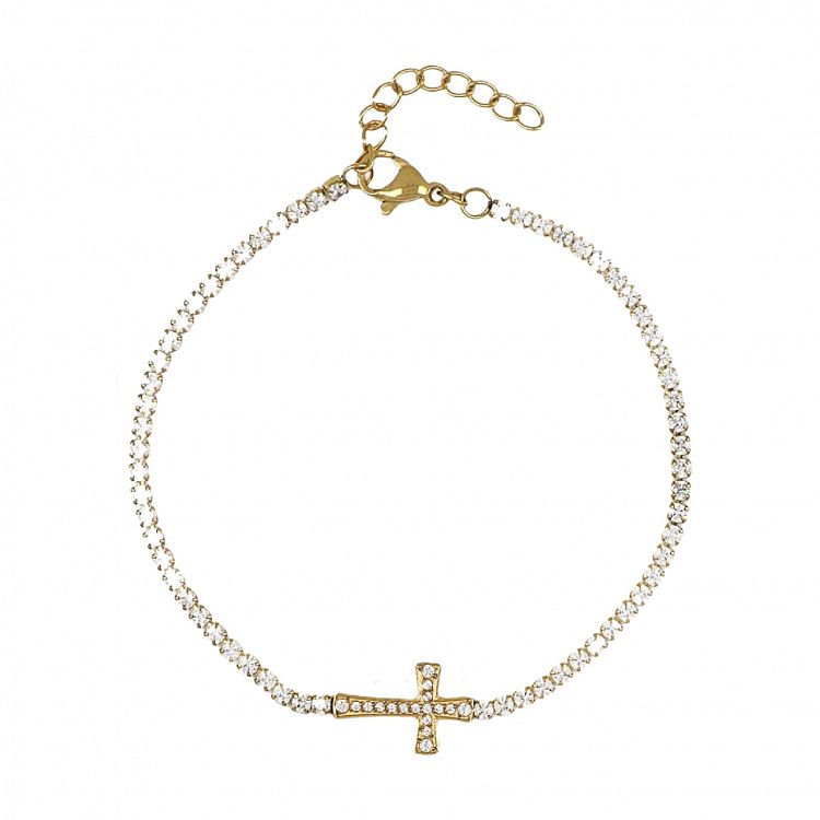 Βραχιόλι Ριβιέρα 2mm Από Ατσάλι Επιχρυσωμένο Με Σταυρό TU29828