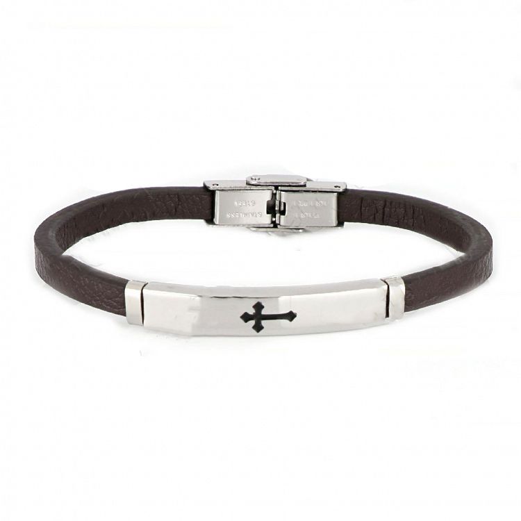 Βραχιόλι Από Δέρμα Και Ατσάλι Με Σταυρό TU29935