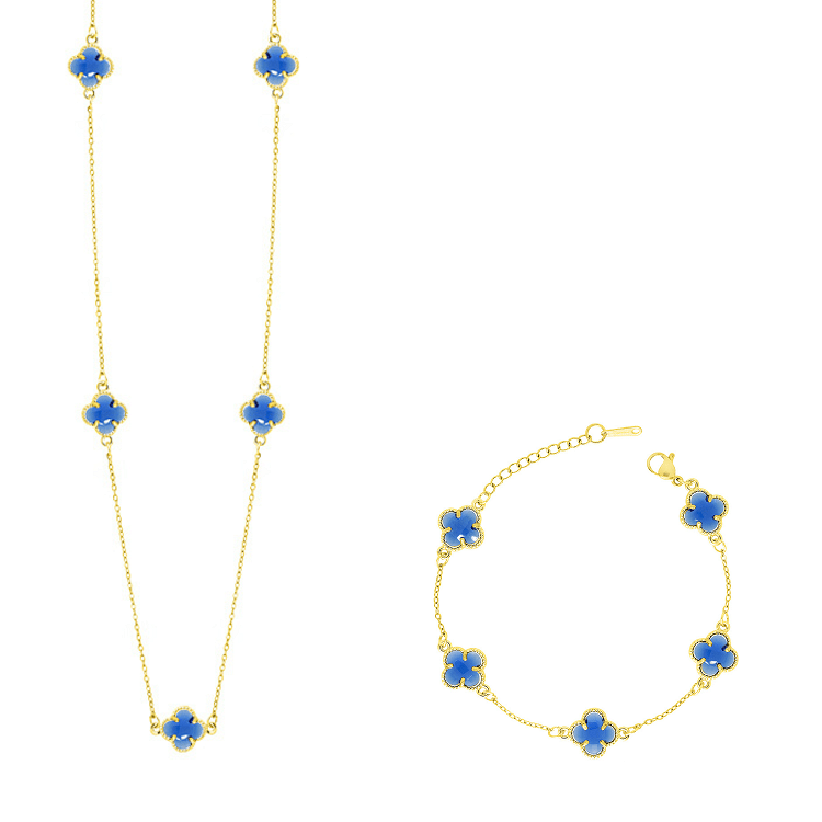 Σετ Λουλούδι Clover Crystal Διπλής Όψης Μπλε Από Ατσάλι Επιχρυσωμένο MI13691