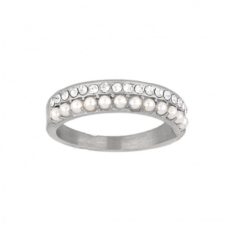 Δαχτυλίδι Από Ατσάλι Με Κρύσταλλα Και Μαργαριτάρια TU30958