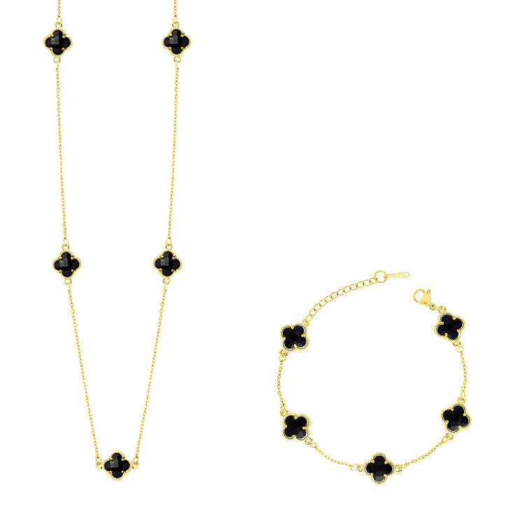 Σετ Λουλούδι Clover Crystal Διπλής Όψης Μαύρο Από Ατσάλι Επιχρυσωμένο MI13690