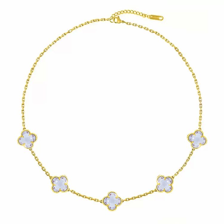 Κολιέ Λουλούδι Clover Crystal Μωβ Διπλής Όψης Από Ατσάλι Επιχρυσωμένο MI11945