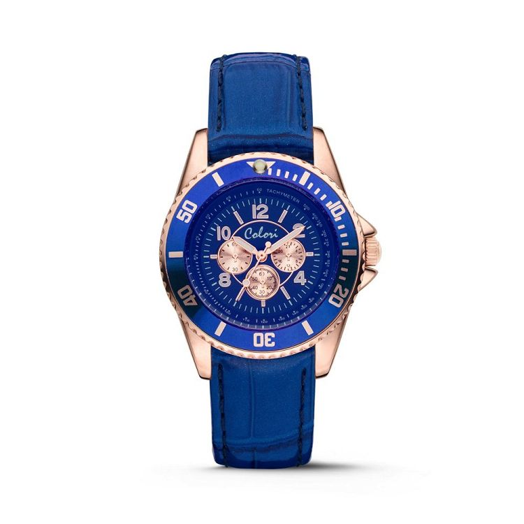 COLORI Ladies Rose Gold Blue Leather Strap COL392