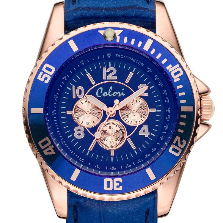 COLORI Ladies Rose Gold Blue Leather Strap COL392