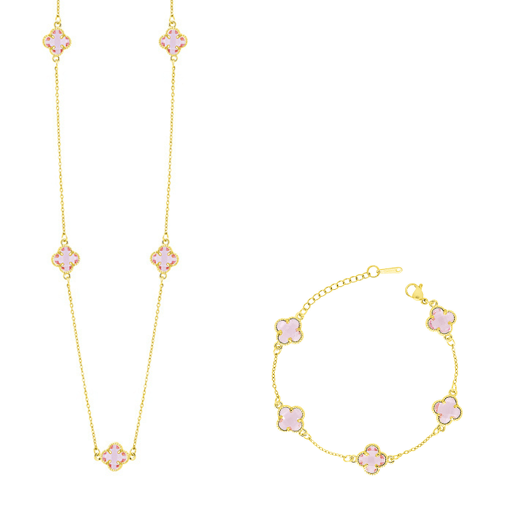 Σετ Λουλούδι Clover Crystal Διπλής Όψης Ροζ Από Ατσάλι Επιχρυσωμένο MI13694