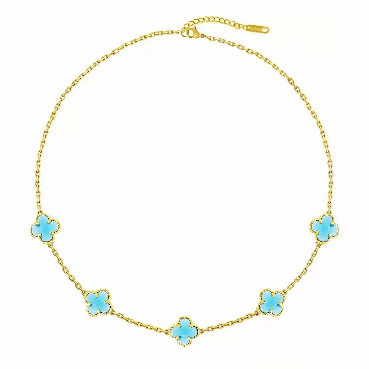 Κολιέ Λουλούδι Clover Crystal Τιρκουάζ Διπλής Όψης Από Ατσάλι Επιχρυσωμένο MI11942