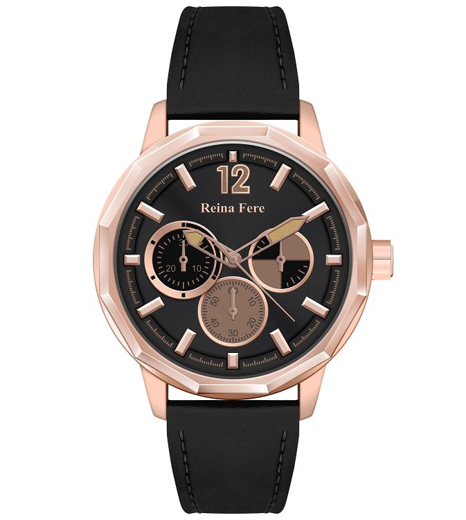 REINA FERE Amphitrite Rose Gold Black Leather Strap 8826-205