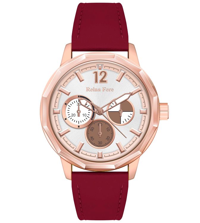 REINA FERE Amphitrite Rose Gold Red Leather Strap 8826-213