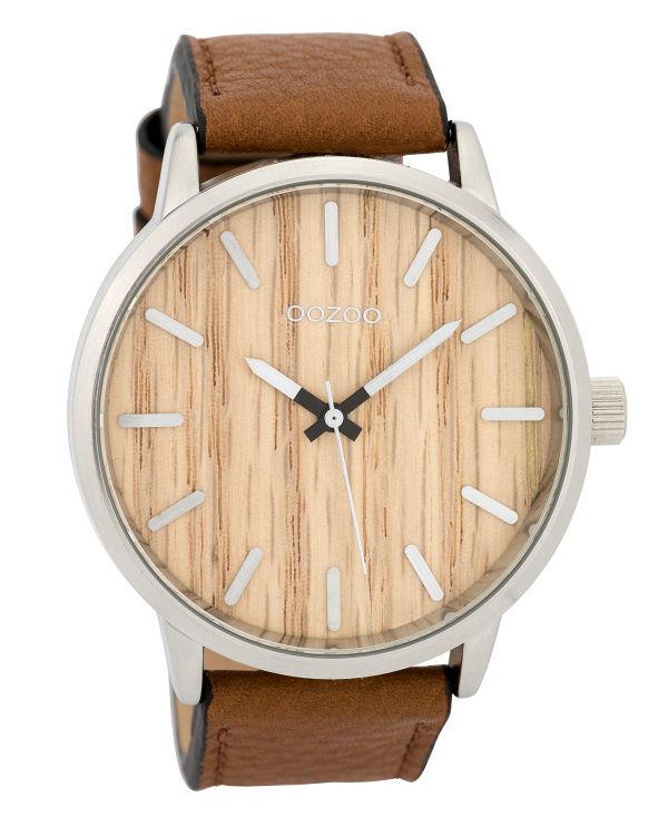 OOZOO Timepieces Pine Wood Dial Brown Leather Strap C9256