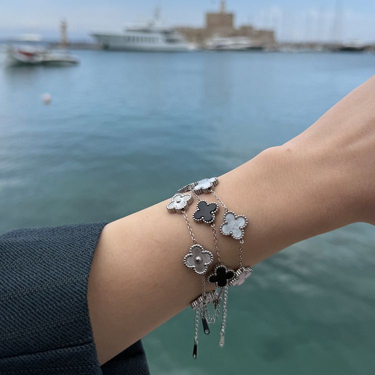 Βραχιόλι Λουλούδι Clover Λευκό Διπλής Όψης Από Ατσάλι MI29648