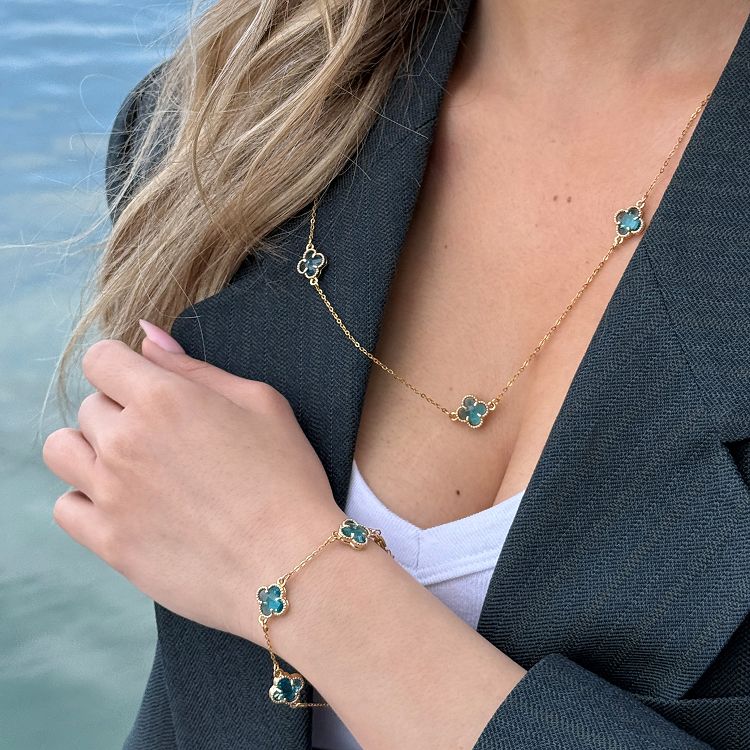 Βραχιόλι Λουλούδι Clover Crystal Διπλής Όψης Τιρκουαζ Από Ατσάλι Επιχρυσωμένο MI29686