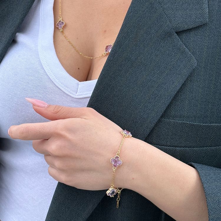Σετ Λουλούδι Clover Crystal Διπλής Όψης Μωβ Από Ατσάλι Επιχρυσωμένο MI13695