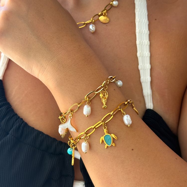 Βραχιόλι Από Ατσάλι Επιχρυσωμένο Με Κοχύλι, Ουρά Φάλαινας Και Αστακό AA29724