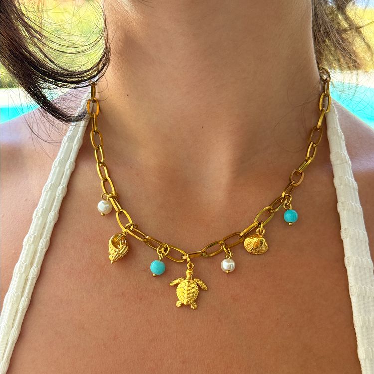 Κολιέ Από Ατσάλι Επιχρυσωμένο Με Χελώνα Και Κοχύλια AA13723