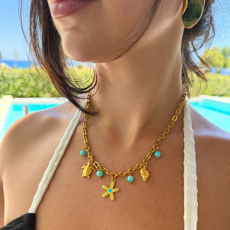 Κολιέ Από Ατσάλι Επιχρυσωμένο Με Αστερία, Χελώνα Και Κοχύλι AA13704