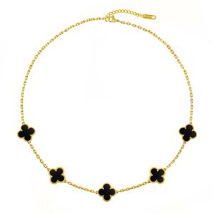 Κολιέ Λουλούδι Clover Μαύρο Διπλής Όψης Από Ατσάλι Επιχρυσωμένο MI12888
