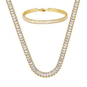 Σετ Κολιέ Ριβιέρα Choker Και Βραχιόλι Από Ανοξείδωτο Ατσάλι Επιχρυσωμένο 24Κ Με Ορθογώνια Ζιργκόν MI15228