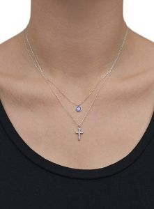 Διπλό Κολιέ Από Ασήμι 925 Επιπλατινωμένο Με Σταυρό Και Ματάκι KO18278
