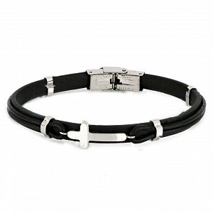 Βραχιόλι Από Δέρμα Και Ατσάλι Με Σταυρό TU29937