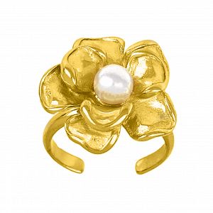 Δαχτυλίδι Από Ατσάλι Επιχρυσωμένο Λουλούδι Με Μαργαριτάρι TU30981
