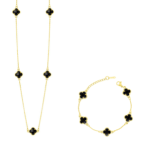 Σετ Λουλούδι Clover Crystal Διπλής Όψης Μαύρο Από Ατσάλι Επιχρυσωμένο MI13690