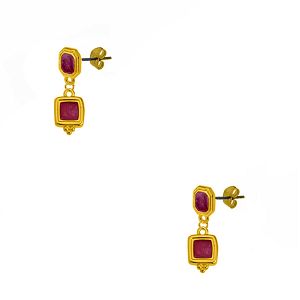 Σκουλαρίκια Από Ορείχαλκο Επιχρυσωμένο 24Κ Με Τετράγωνο Κόκκινο AA48494