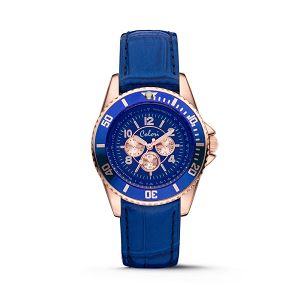 COLORI Ladies Rose Gold Blue Leather Strap COL392