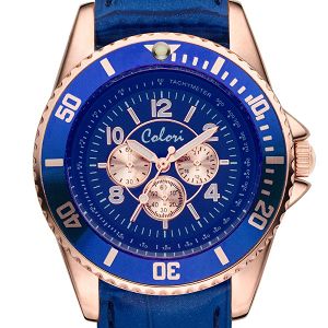 COLORI Ladies Rose Gold Blue Leather Strap COL392