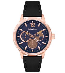 REINA FERE Amphitrite Rose Gold Black Leather Strap 8826-222