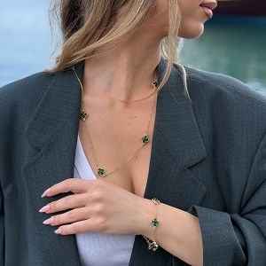 Βραχιόλι Λουλούδι Clover Crystal Διπλής Όψης Πράσινο Από Ατσάλι Επιχρυσωμένο MI29687