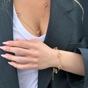 Βραχιόλι Λουλούδι Clover Crystal Διπλής Όψης Ροζ Από Ατσάλι Επιχρυσωμένο MI29690