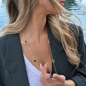 Κολιέ Λουλούδι Clover Crystal Μαύρο Διπλής Όψης Από Ατσάλι Επιχρυσωμένο MI13686
