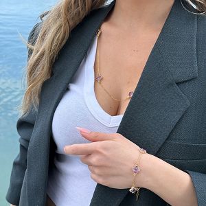 Σετ Λουλούδι Clover Crystal Διπλής Όψης Μωβ Από Ατσάλι Επιχρυσωμένο MI13695