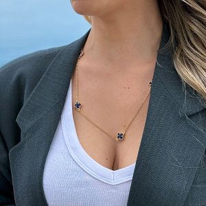 Κολιέ Λουλούδι Clover Crystal Μπλε Διπλής Όψης Από Ατσάλι Επιχρυσωμένο MI13683