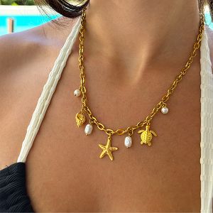 Κολιέ Από Ατσάλι Επιχρυσωμένο Με Κοχύλι, Χελώνα Και Αστερία AA13698