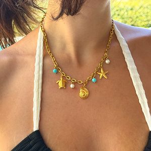 Κολιέ Από Ατσάλι Επιχρυσωμένο Με Κοχύλι, Χελώνα Και Αστερία AA13696