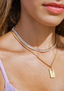 Σετ Κολιέ Ριβιέρα Choker Και Βραχιόλι Από Ανοξείδωτο Ατσάλι Επιχρυσωμένο 24Κ Με Ορθογώνια Ζιργκόν MI15228