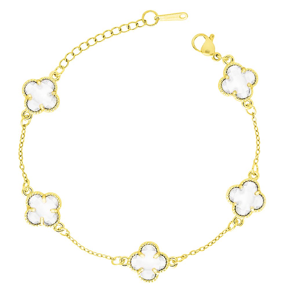 Βραχιόλι Λουλούδι Clover Crystal Διπλής Όψης Διάφανο Από Ατσάλι Επιχρυσωμένο MI29684