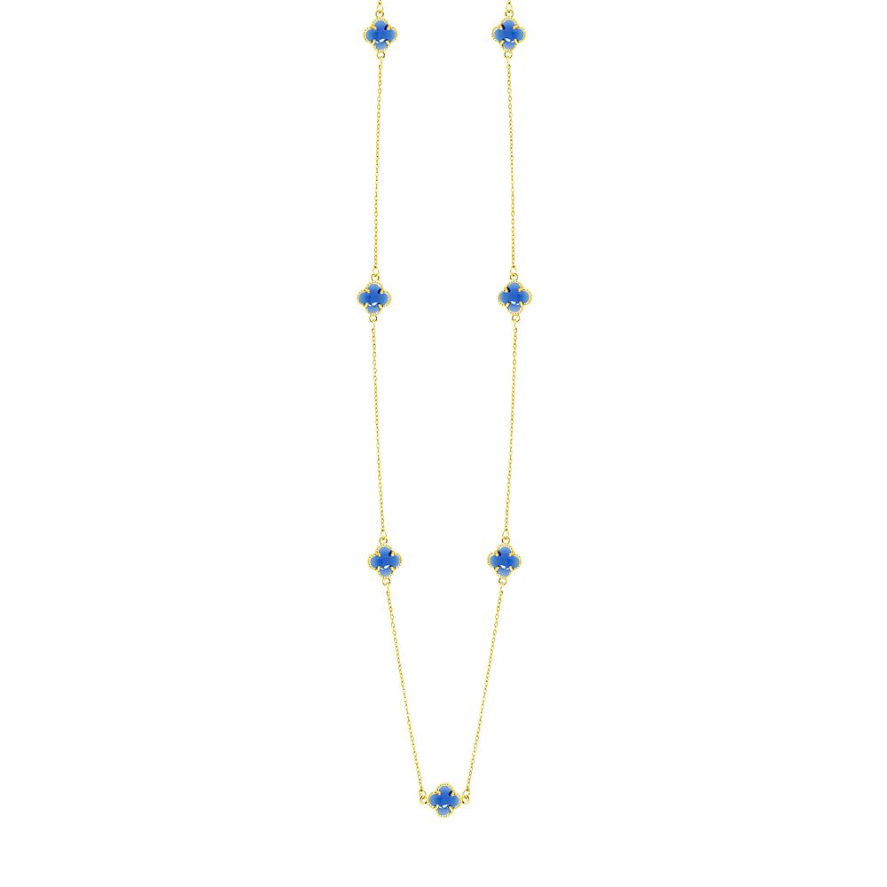 Κολιέ Λουλούδι Clover Crystal Μπλε Διπλής Όψης Από Ατσάλι Επιχρυσωμένο MI13683